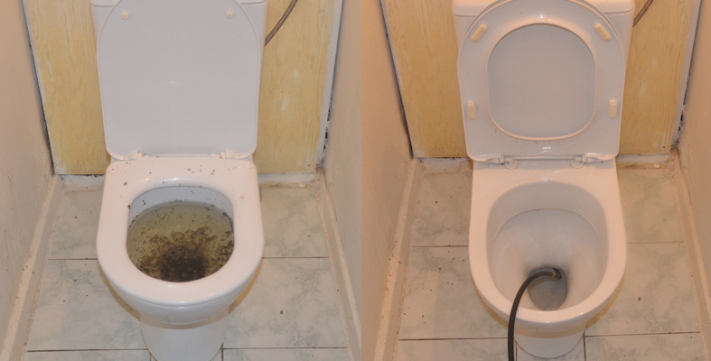 Засор в канализационном стояке устранен. Фото до и после устранения засора.