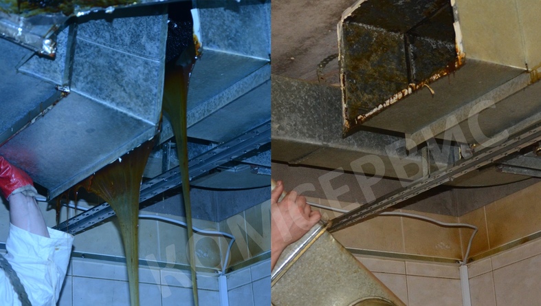 Участок вытяжной системы вентиляции ресторана до и после очистки от жира. 